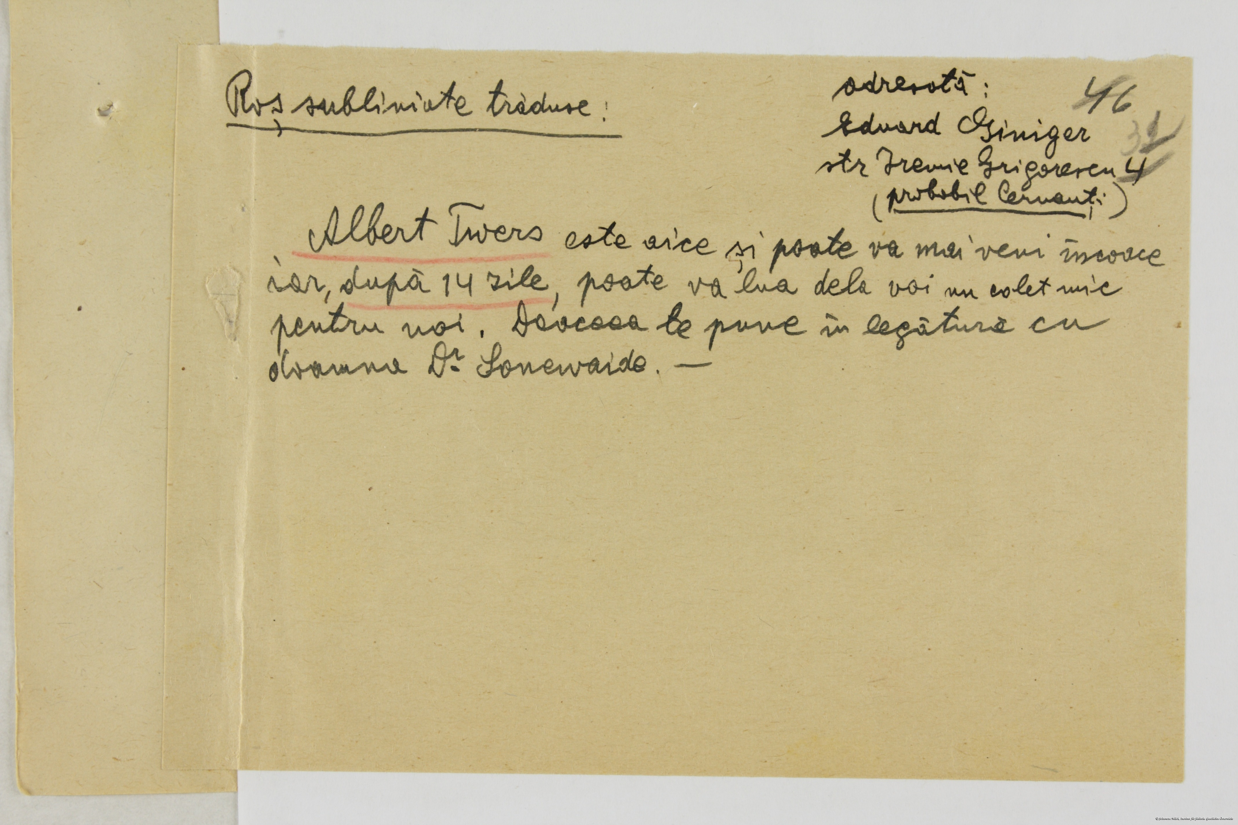 Скан листа з Трансністрії до Буковини, доставленого доктором Альбертом Тверсом