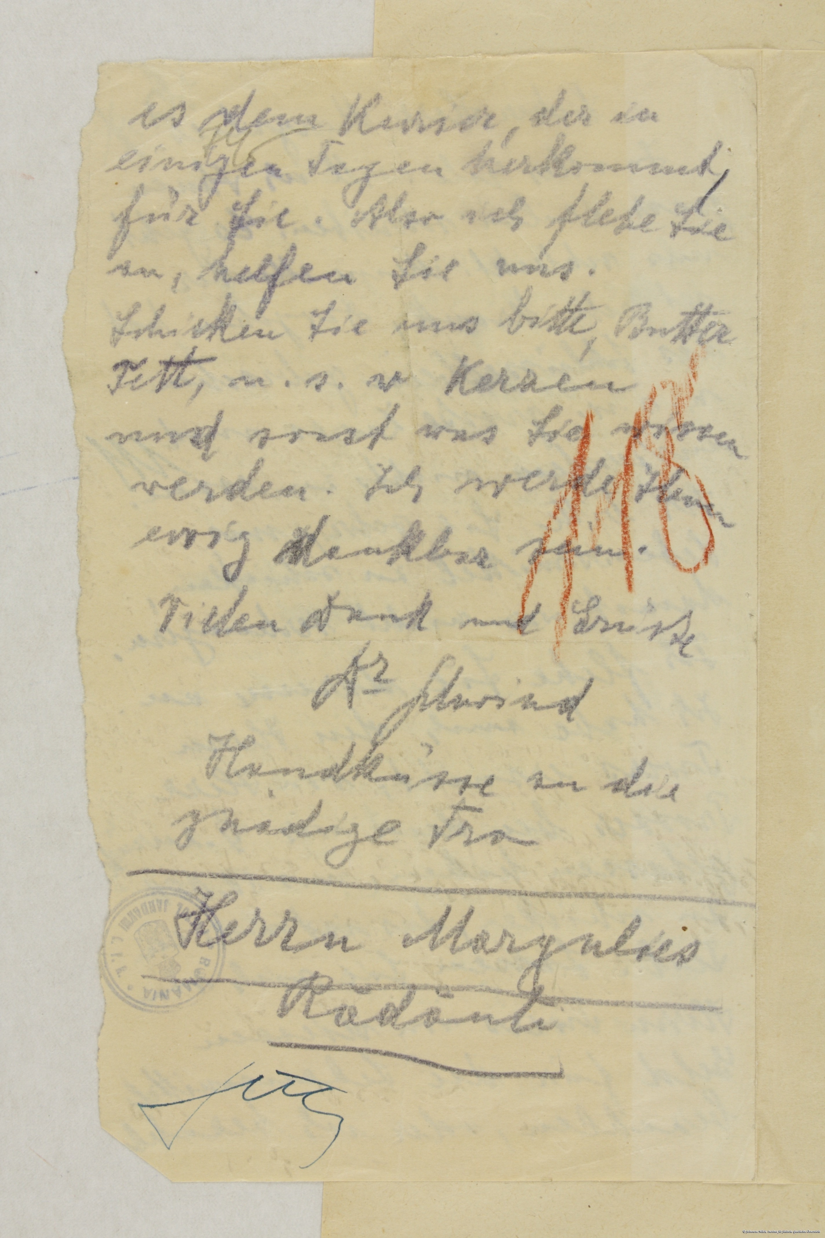 Scan eines Briefes aus Transnistrien in die Bukowina, den Dr. Albert Twers mitgebracht hat