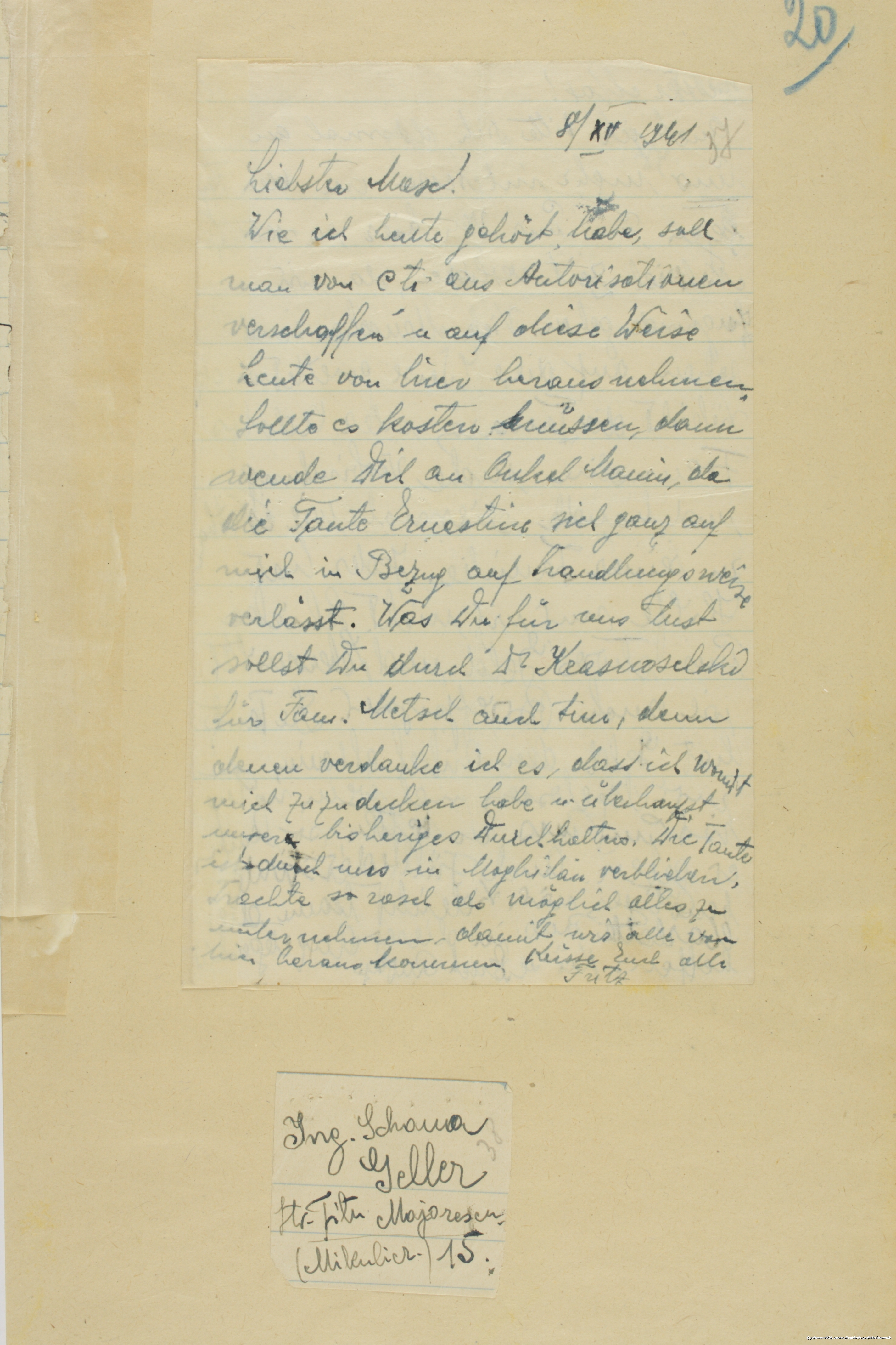 Scan eines Briefes aus Transnistrien in die Bukowina, den Dr. Albert Twers mitgebracht hat