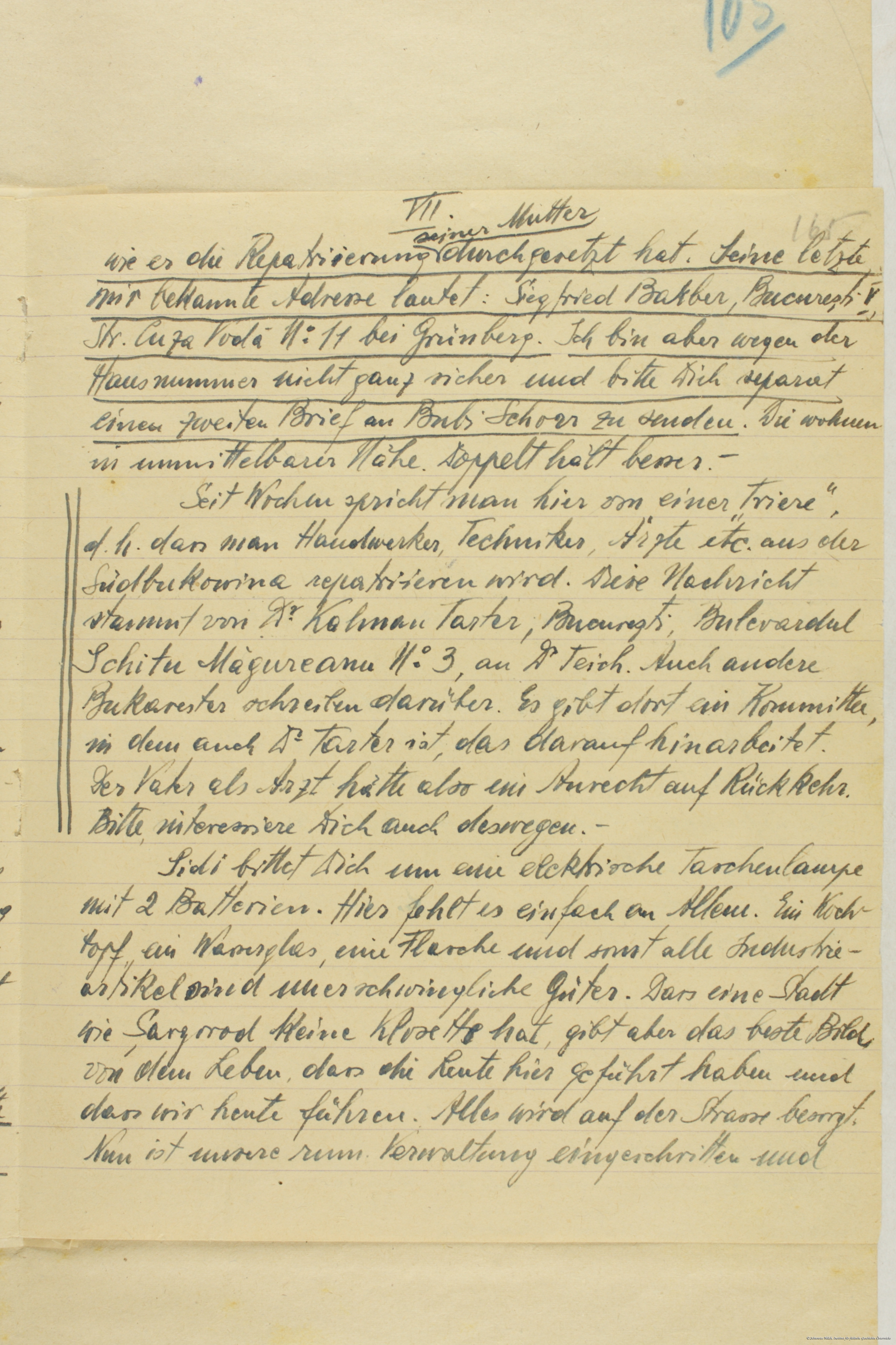 Scan eines Briefes aus Transnistrien in die Bukowina, den Dr. Albert Twers mitgebracht hat