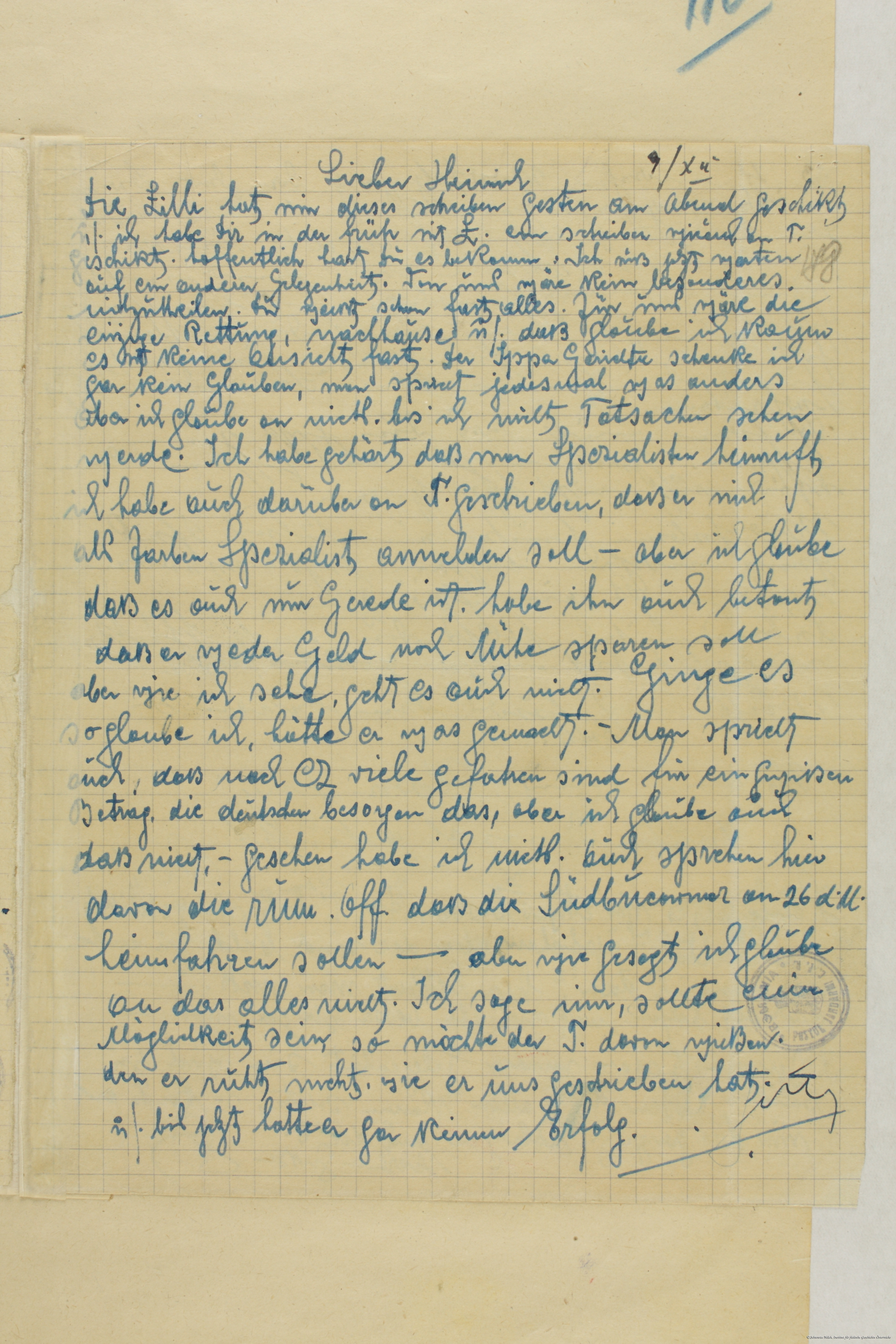 Scan eines Briefes aus Transnistrien in die Bukowina, den Dr. Albert Twers mitgebracht hat